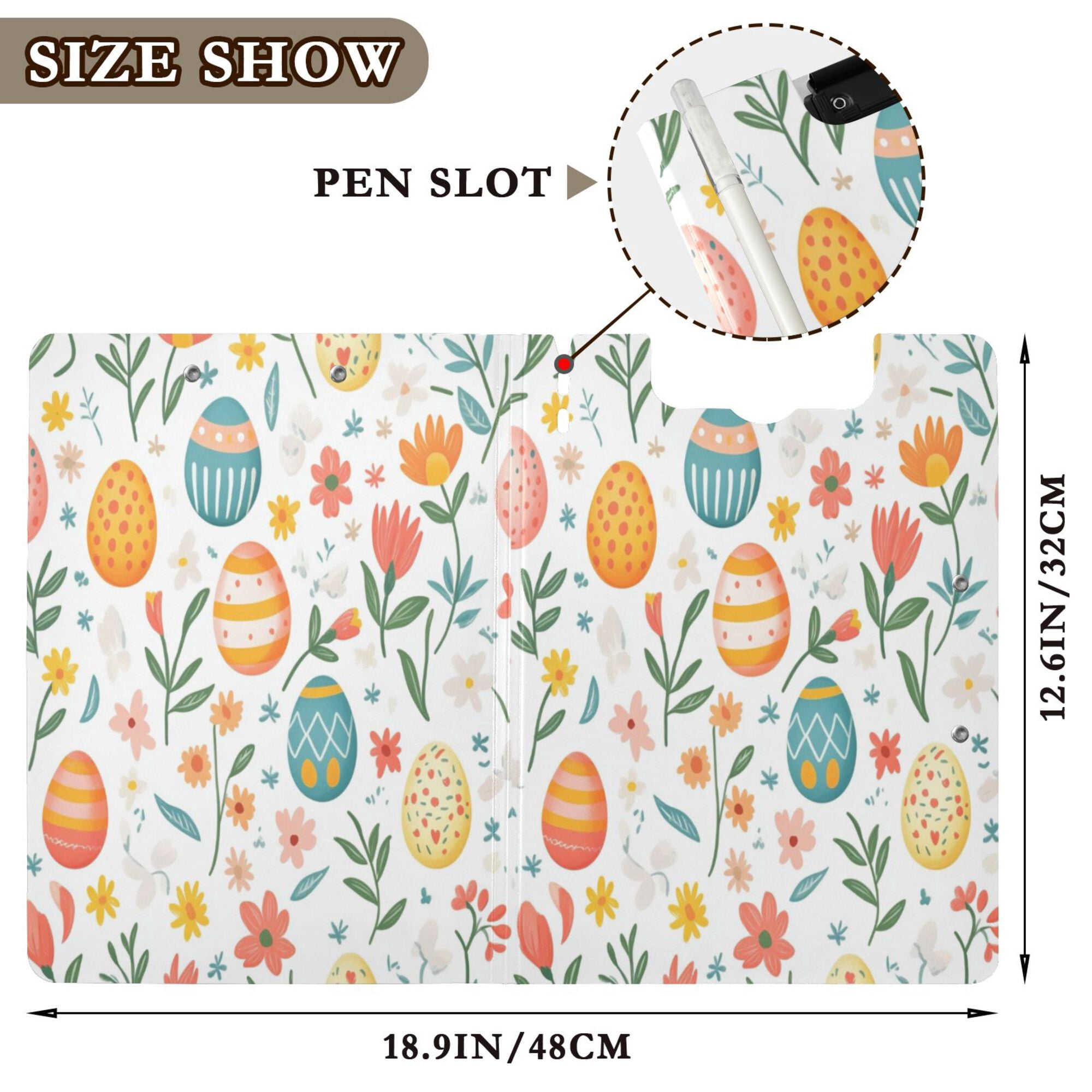 FORMRS A4 Clipboard Folder with Pen Holder Horizontal Foldable School Office Binder, Floral Easter Eggs