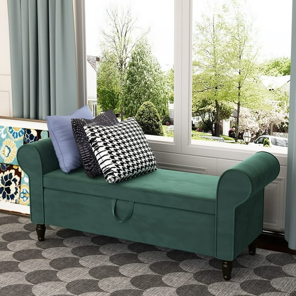 Yongqiang Velvet Storage Bench with Arms Bed Bench for Bedroom Living Room Entryway Modern Upholstered Ottoman Bench Green