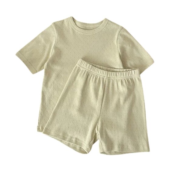 YunPes Toddlers Plain Cotton Pajama Set Breathable Short Sleeve Crew Neck Top and Shorts Soft Loose Fit 2 Piece Outfit