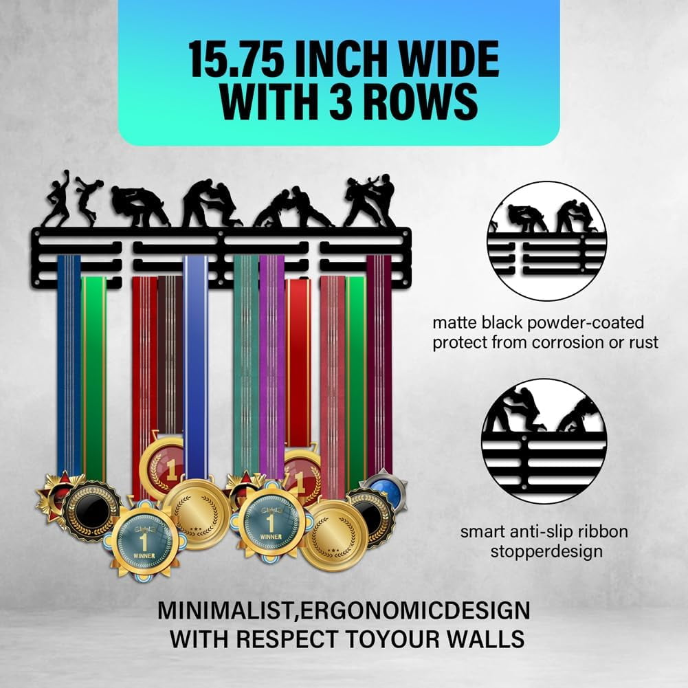 PH Kung Fu Medal Hanger Display Medal Holder Rack Wall Mount Hanger Decor Trophy Shelf 3 Tiered Award Rack Award Ribbon Hanger with Gift Box for Over 50 Medals Easy to Install Black