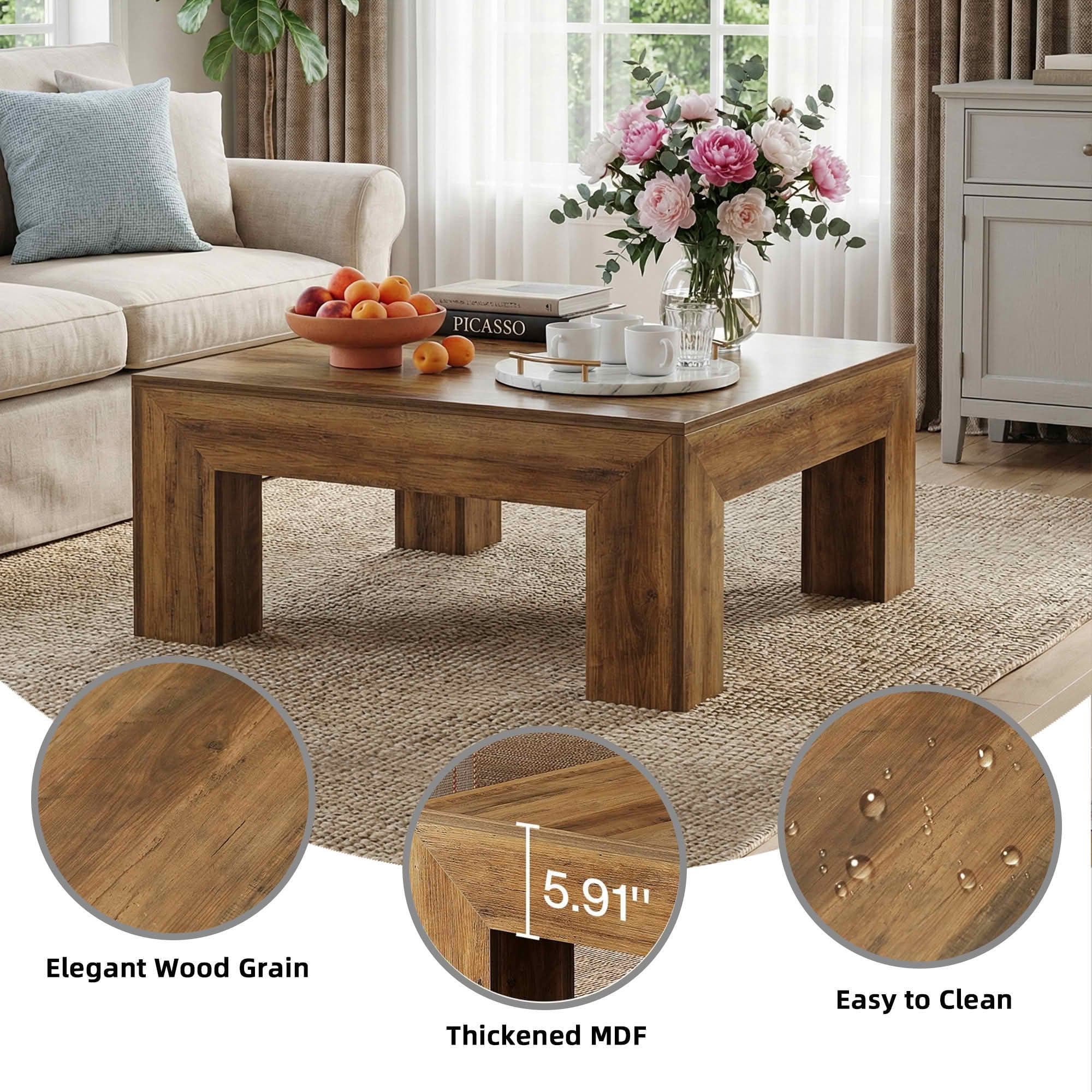 MAYEETY 39 Inch Farmhouse Square Wooden Coffee Table Living Room Center Table