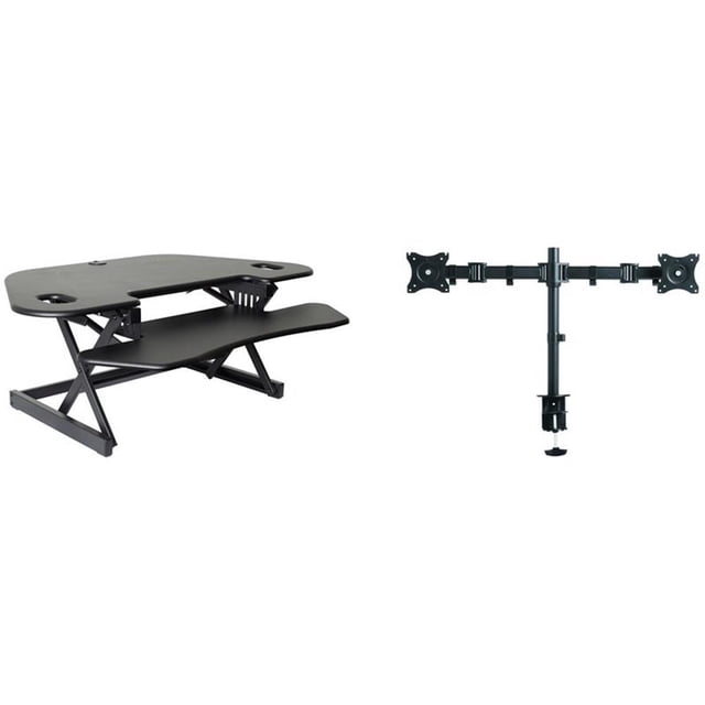 Pemberly Row Adj Corner Standing Desk Converter Dual Monitor Arm Bundle Black