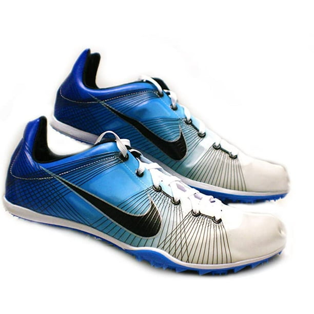 white and blue track spikes