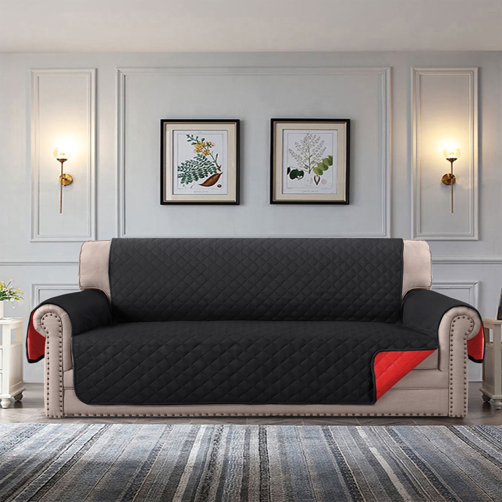 Quilted 3 Seater Sofa Cover Slipcover, Furniture Protector for Couch, Polyester Home Decor (Black)