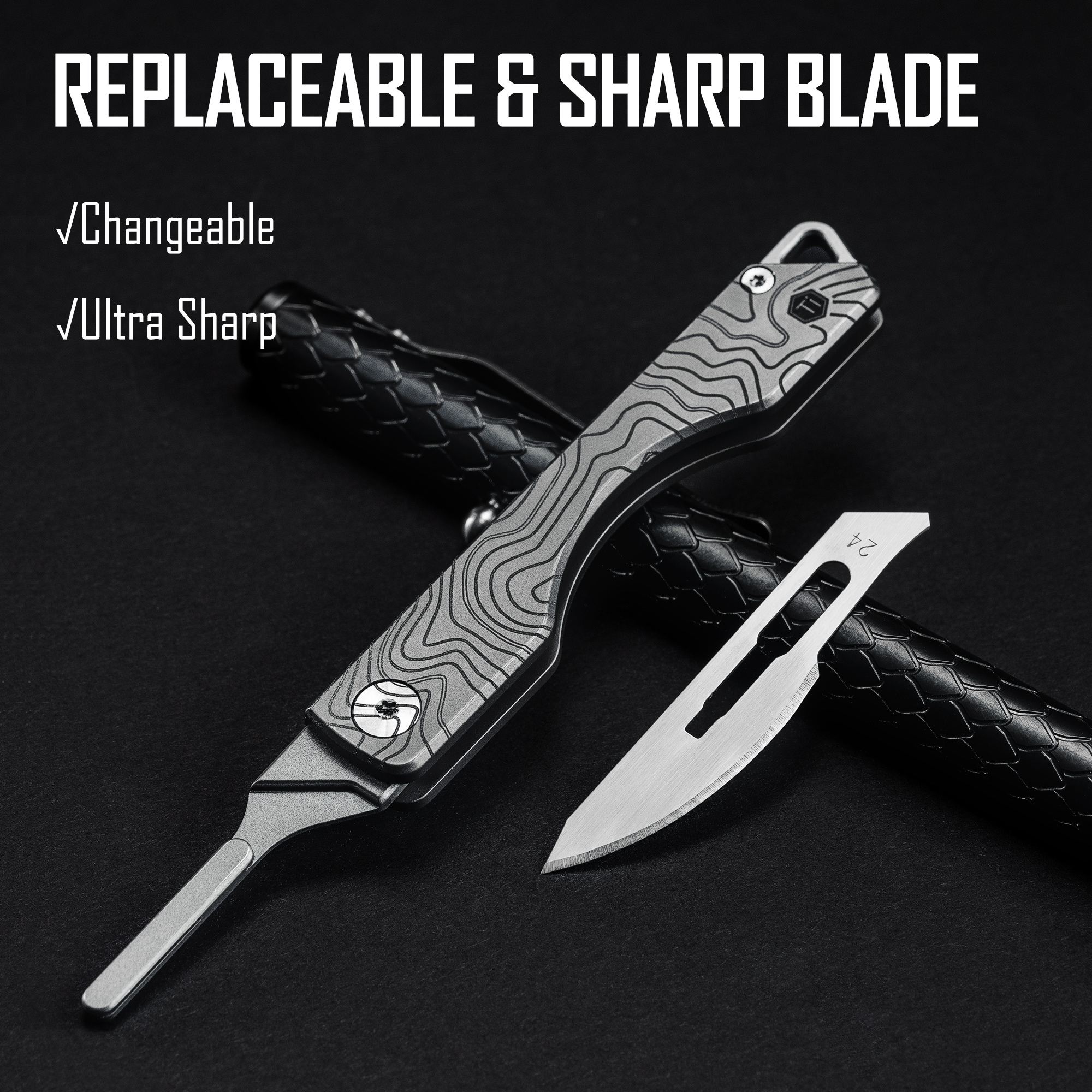 Key Unity KK01 Titanium Folding Knife, Utility EDC Pocket Knife with #24 Replaceable Blade, for Outdoor Hunting, Camping, Fishing, Hiking for Men & Women (Suminagashi Pattern)