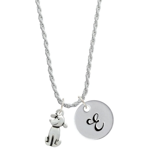 Delight Jewelry Silvertone 2-D Dog Silvertone Script Initial Disc - E - Charm Necklace, 20"+3"