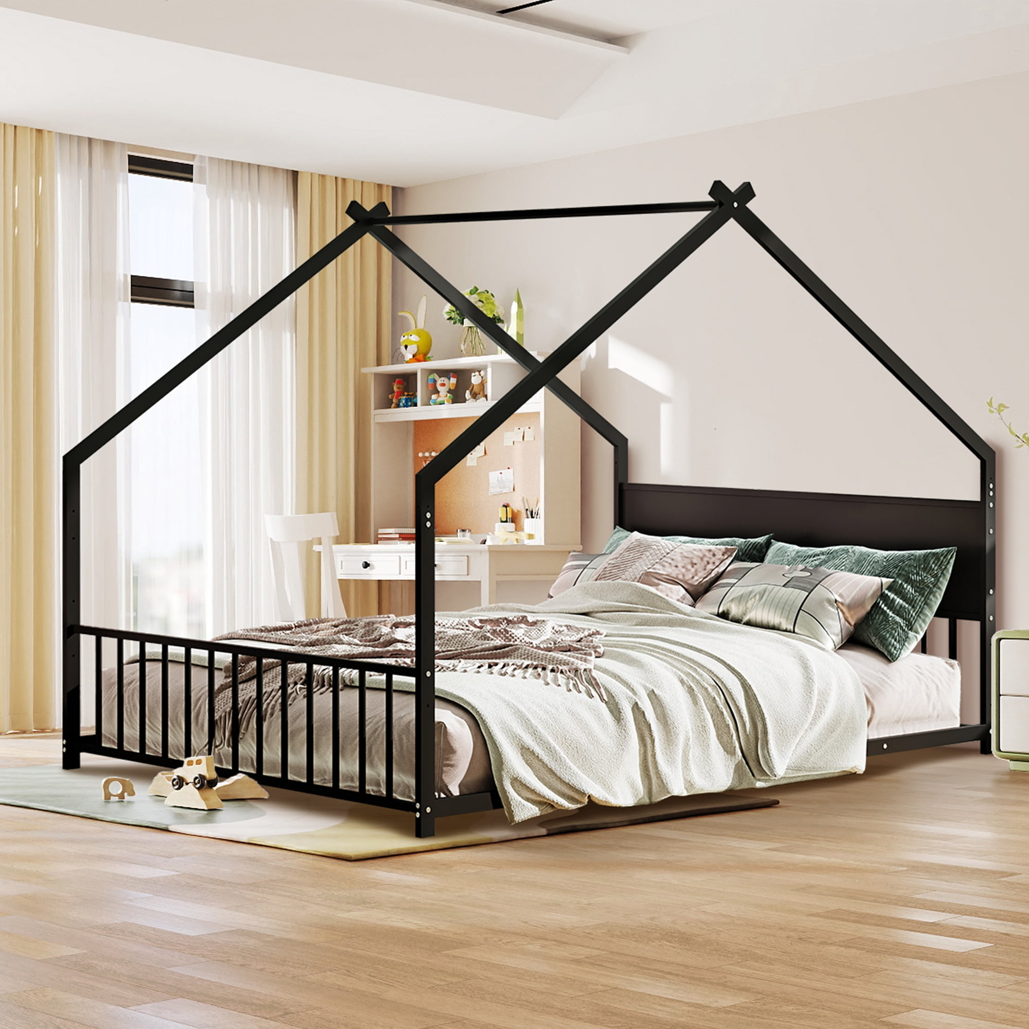Aukfa Full Size Metal House Bed Frame with LED Lights, Montessori Floor Bed for Kids & Toddlers, Modern Kids Room Furniture, Black