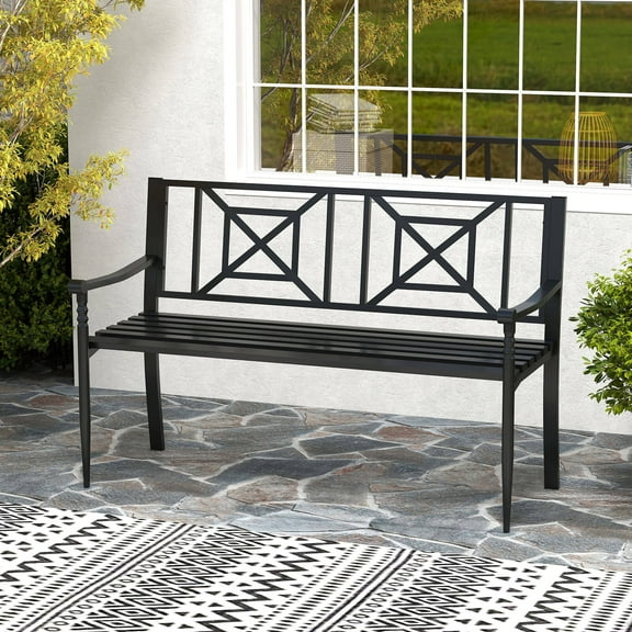 Costway Patio Garden Bench Steel Frame Park Yard Outdoor Furniture Porch Chair Black