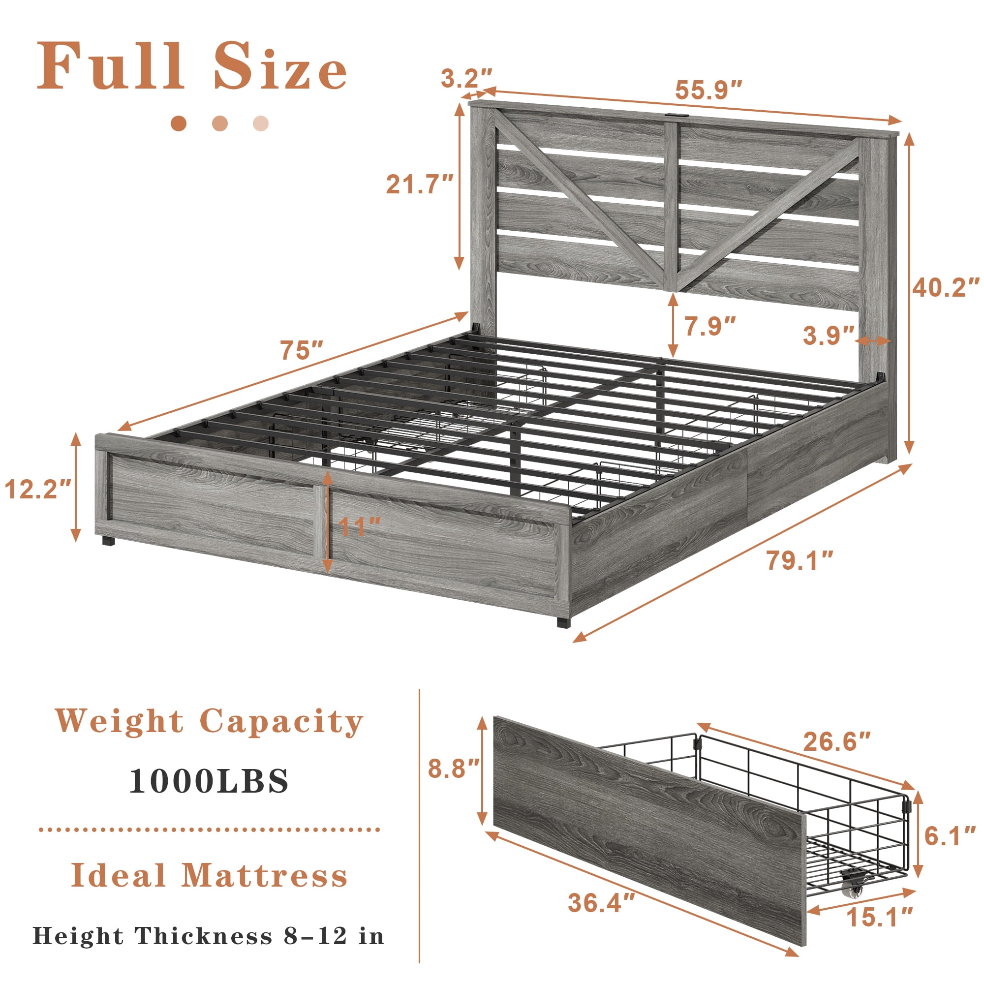 Full Size Bed Frame with Storage Headboard (4 Storage Drawers on Bed Body + LED Lighting) – Anti-Slip & Noise-Free Metal Mattress Support Platform + Sturdy Metal Slat Base,Gray