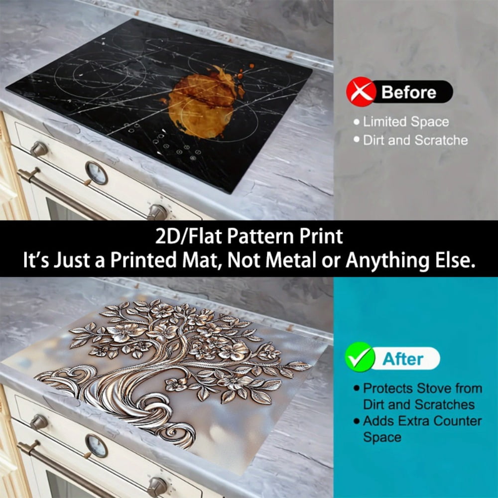 1 2D/flat stove cover protection pad, embossed floral curve tree pattern design, 28.3x20.5 inches (72×52cm), easy to clean, perfectly suitable for any kitchen, washing machine, dryer, stove panel pro