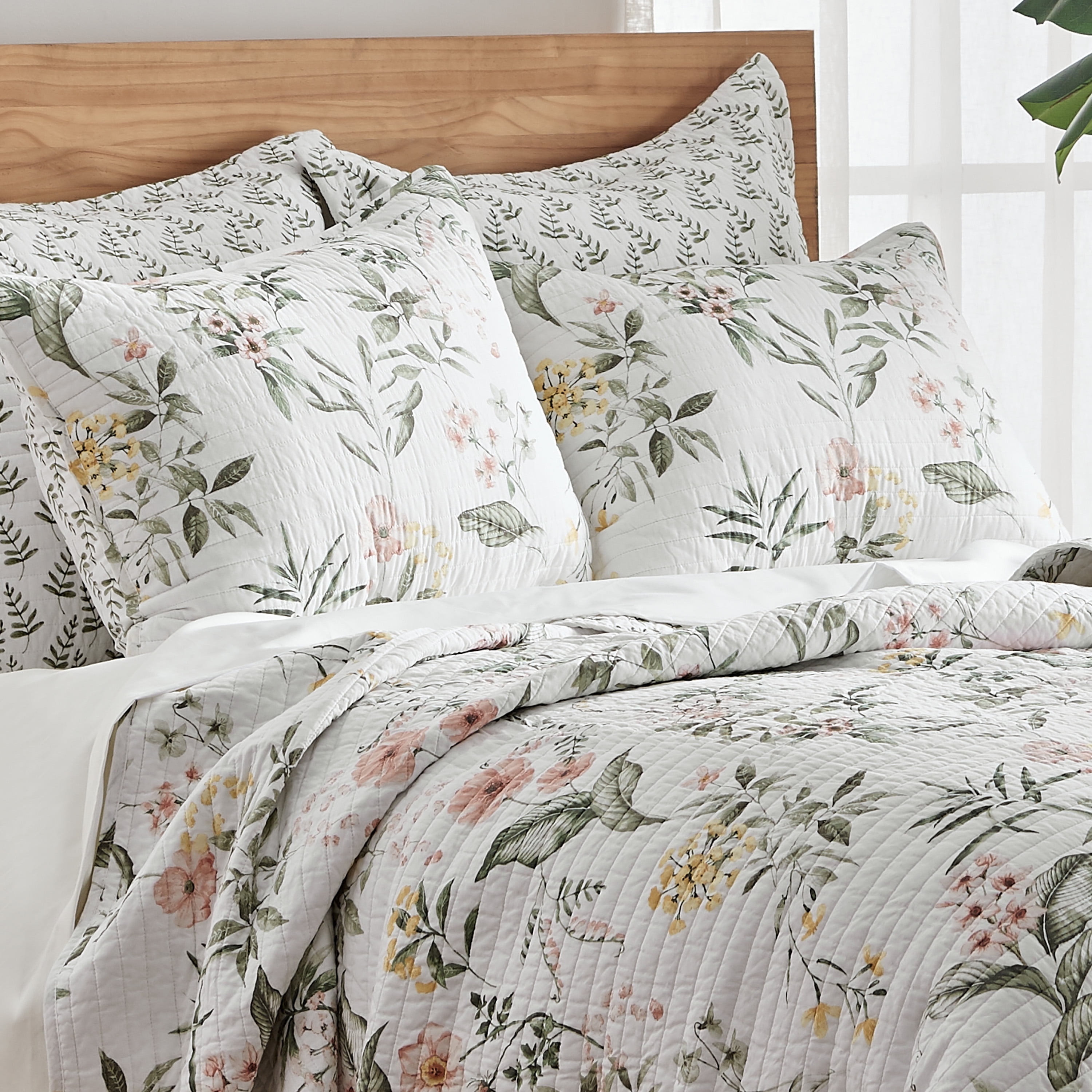 Levtex Home - Viviana Quilt Set - King Quilt + Two King Pillow Shams - Botanical Floral - Coral, Green, Yellow, Cream - Quilt (106x92in.) and Pillow Shams (36x20in. ) - Reversible - Cotton