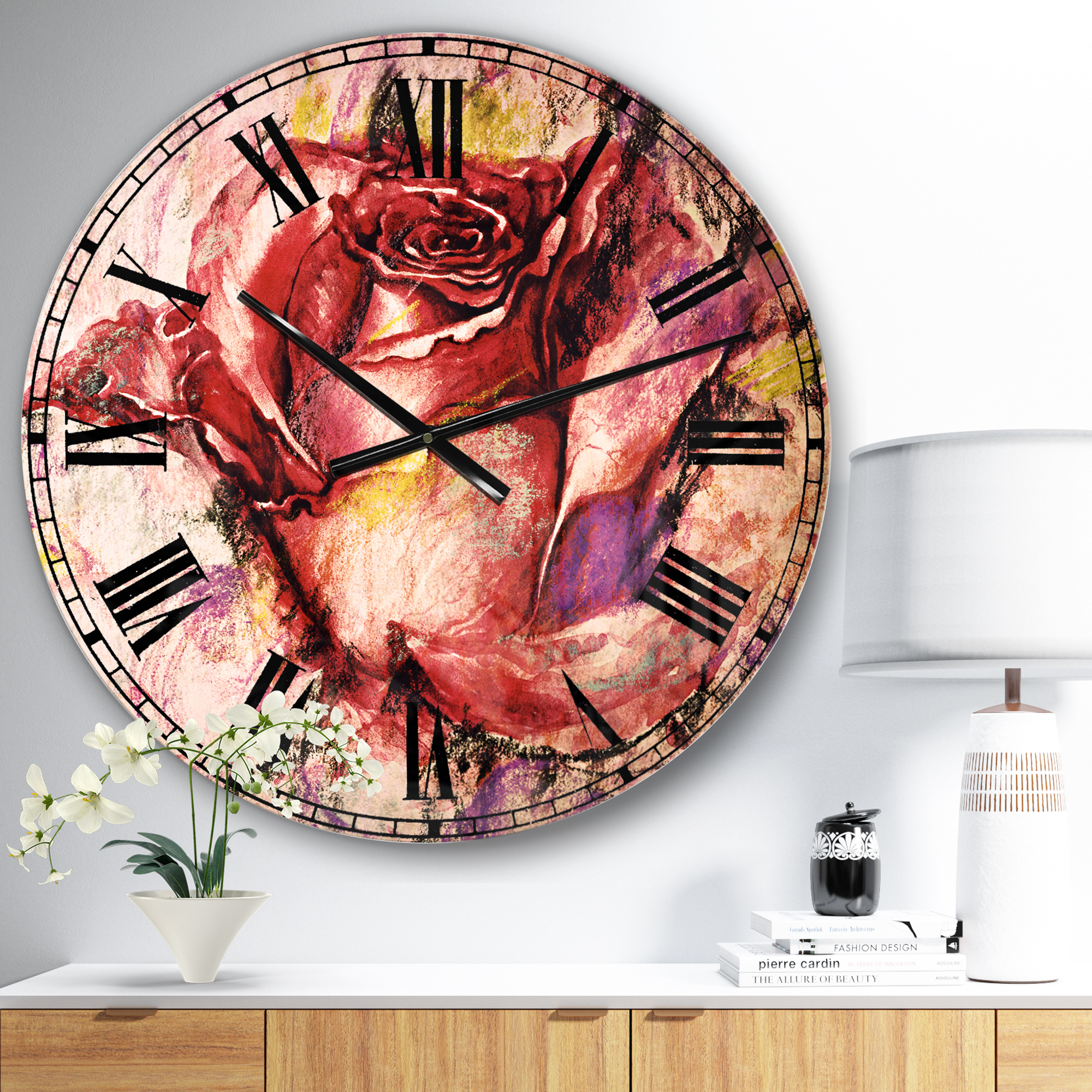 Designart 'Red Rose Illustration' Traditional wall clock