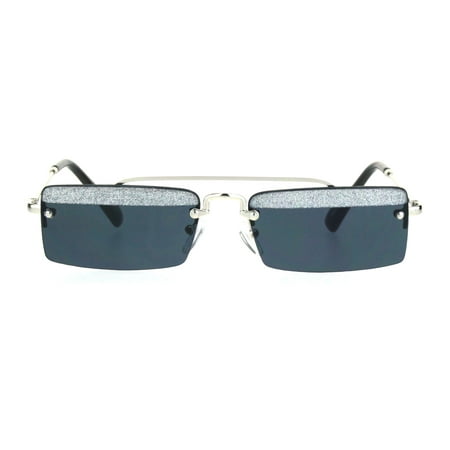 Glitter Eyelash Rimless Narrow Rectangular Hippie Sunglasses Silver Black