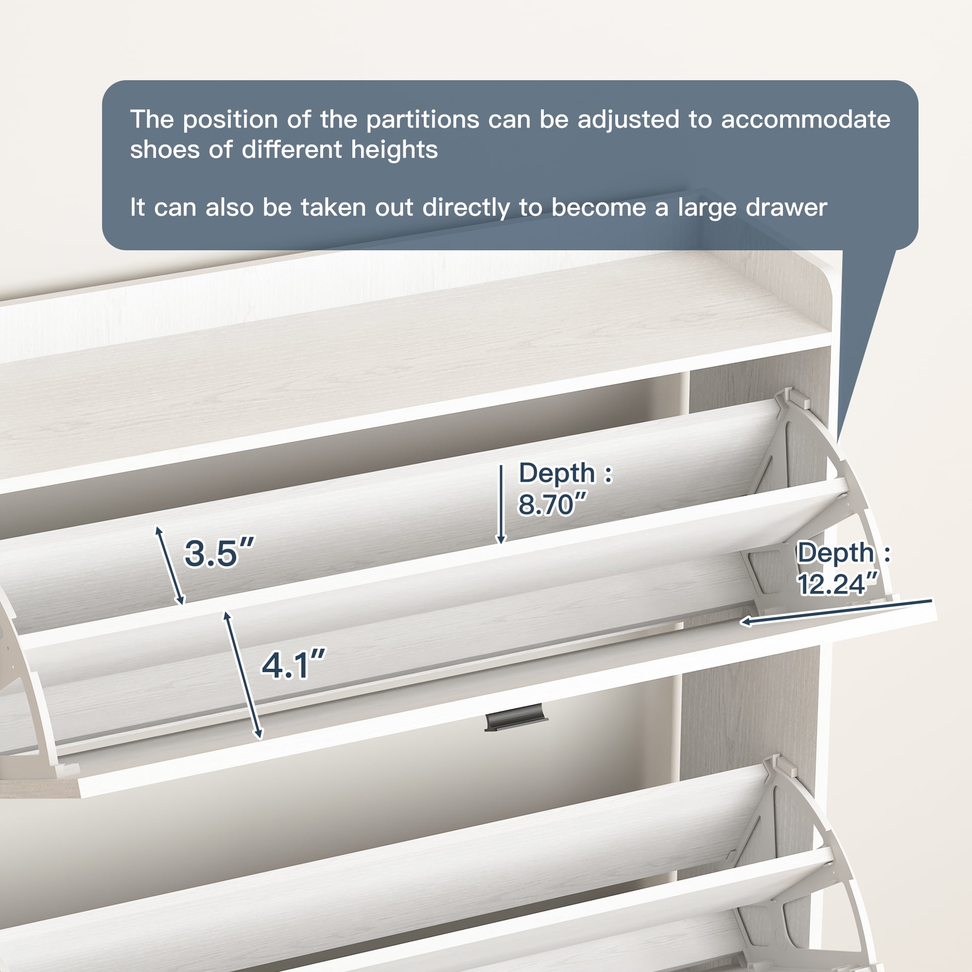 Demi Bonn Shoe Storage Cabinet with 2 Flip Drawers, Freestanding Organizer with Metal Legs for Entryway, Narrow Shoe Rack Cabinet, White