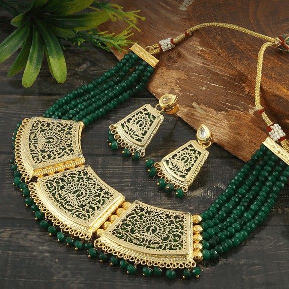 Kajaro Designs Jewels Theva Green Multi strands Choker Necklace Set with Earrings for Women | Indian Ethnic Jewely for Weddings and Festivals
