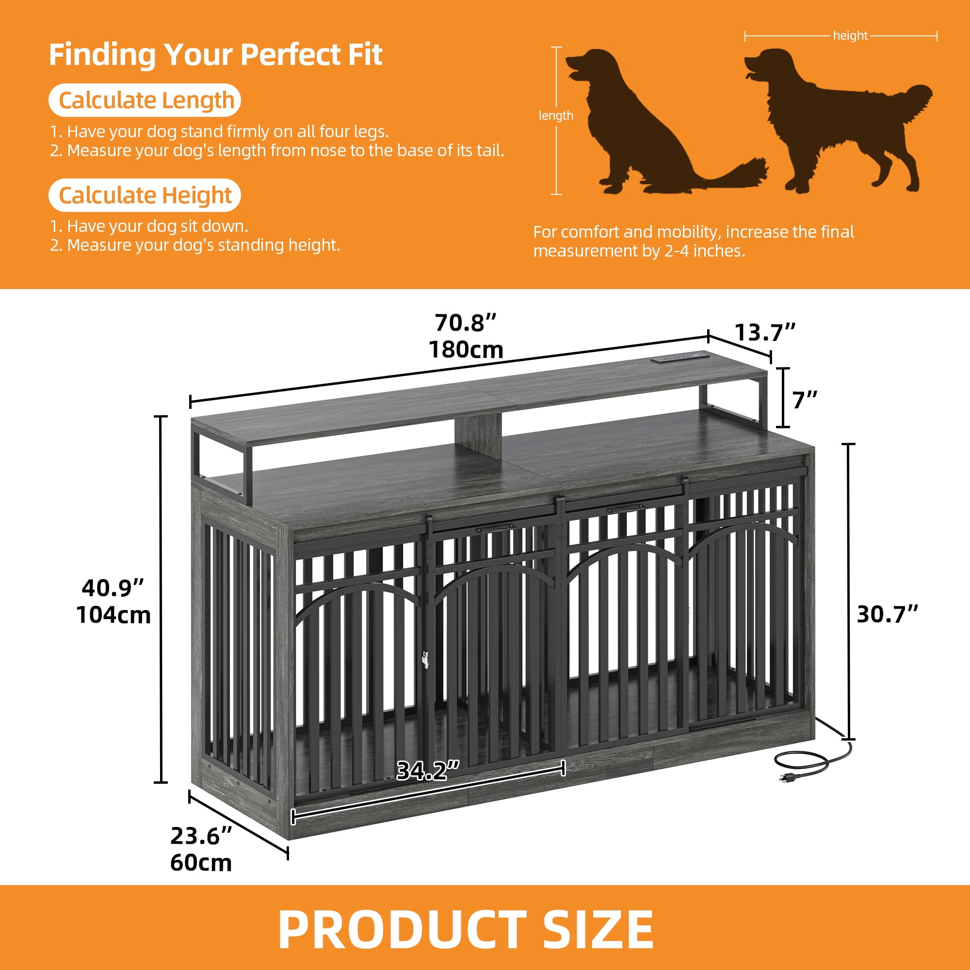 Craftian 71" Dog Crate Furniture, TV Stand with LED Lighting and Power Outlets, Dog Kennel for Large Dogs - Black Oak