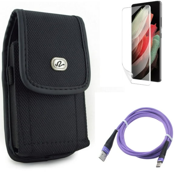 Case Belt Clip & 6ft USB Cable & Matte Screen Protector for Samsung Galaxy S22 Plus (S22 ) - Combo Rugged Holster & Purple Type-C Charger Cord & TPU Film Anti-Glare
