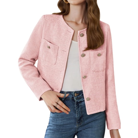 Long Sleeve Women's Tweed Jackets Business Button Down Casual Cropped Blazer with Pockets