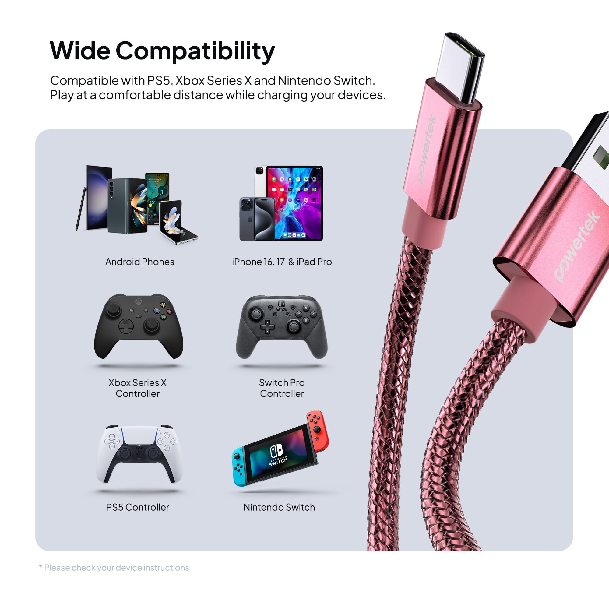 Powertek Luxe 6ft USB-A to USB-C Cable, Pink, Fast Charge & Sync, Metallic Mesh PVC Jacket, Durable Tangle-Free Design