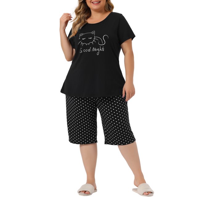 Ropa de descanso de tallas grandes para mujeres, conjunto de 2 piezas con camisetas de manga corta y pantalones tobilleros, sudaderas, conjuntos de pijama, negro 2X