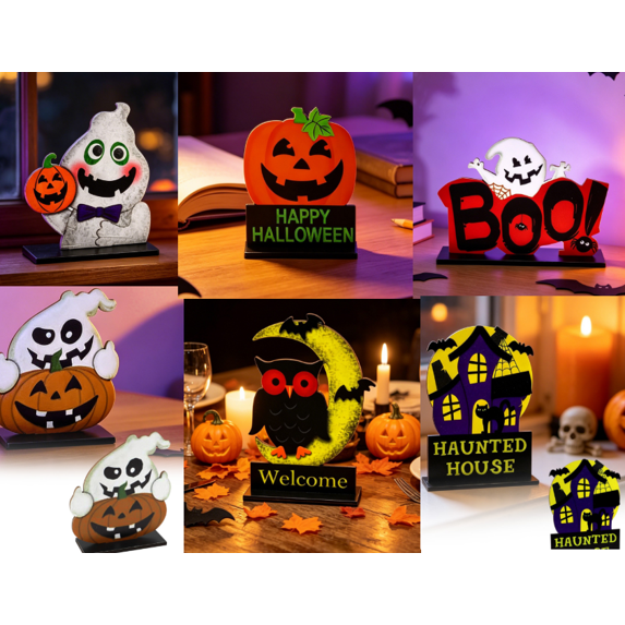 Dxssxc Freestanding Wooden Tabletop Ornaments, Spooky Pumpkin Ghost Wooden Sign, Halloween Decor for Home Indoor Mantel Shelf Desktop