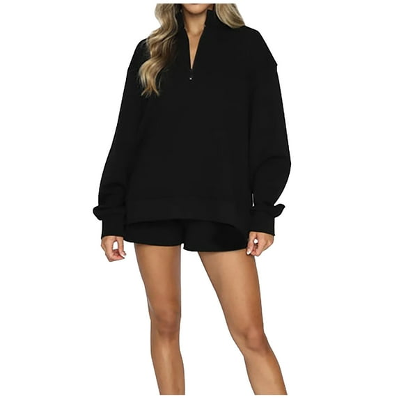YYDGH Women 2 Piece Outfits Sweatsuit Oversized Half Zip Collared Sweatshirt & Short Set Lounge Wear Tracksuit Sets Black XXL