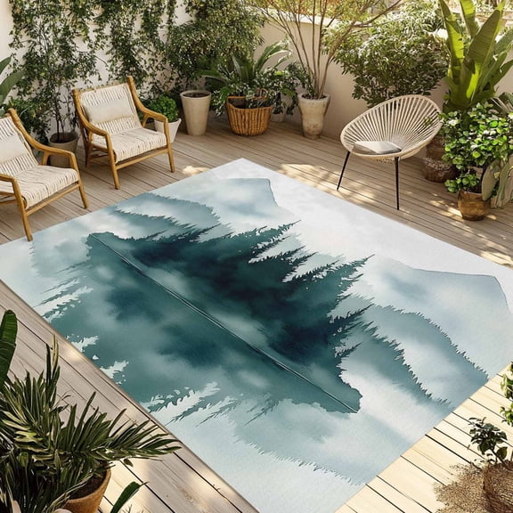 Fsddascl Watercolor Mountain Outdoor Rug for Patio/Deck/Porch, Non-Slip Large Area Rug 4 x 6 Ft, Green Ink Abstract Art Indoor Outdoor Rugs Washable Area Rugs, Reversible Camping Rug Carpet Runner