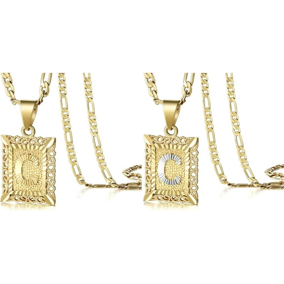 Initial Letter Pendant Necklace for Men Womens (Gold C   Hollow White C), 14K Gold Plated  Capital Monogram Necklace Alhpabets from A-Z Figaro Chain Necklace
