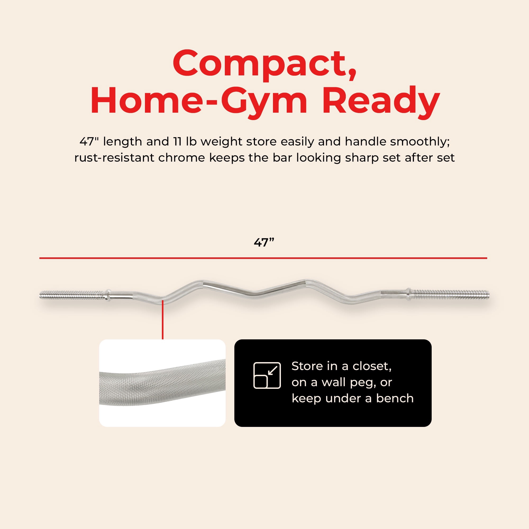 Sunny Health & Fitness 47" Threaded EZ Curl Chrome Bar - SF-SB03-47