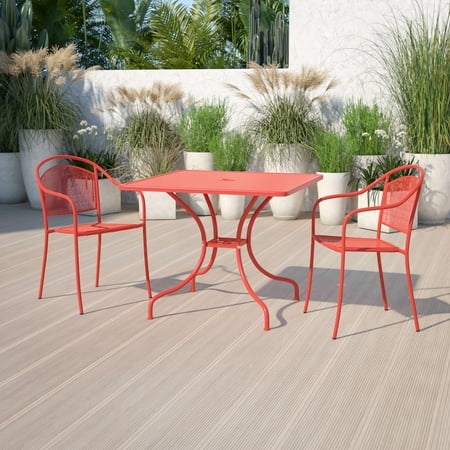 Flash Furniture Oia Commercial Grade 35.5" Square Coral Indoor-Outdoor Steel Patio Table with Umbrella Hole