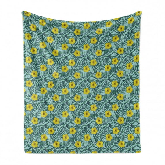 Floral Soft Flannel Fleece Throw Blanket, Hawaii Ornamental Hibiscus Flowers Along Exotic Long Leaves Print, Cozy Plush for Indoor and Outdoor Use, 50" x 60", Pale Blue Yellow and Green, by Ambesonne