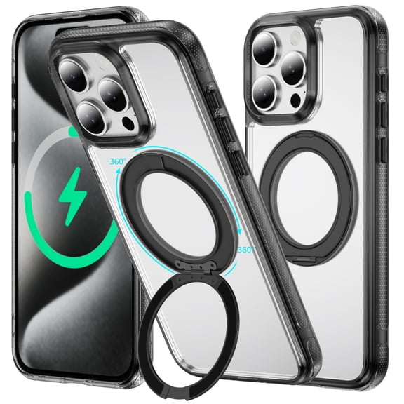 iPhone 15 Pro Case with Stand, 360 Magnetic Ring Stand, Military-Grade Protection [Compatible with MagSafe] Shockproof Case for iPhone 15 Pro Slim Cover Adjustable Foldable Kickstand, Clear