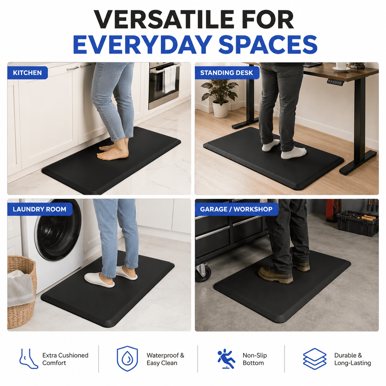 Yeslife Anti-Fatigue Kitchen Mat, 20" x 32", Black PVC, 3/4" Thick Waterproof Cushioned Non-Slip Floor Mat for Kitchen, Office, Desk, Garage & Home