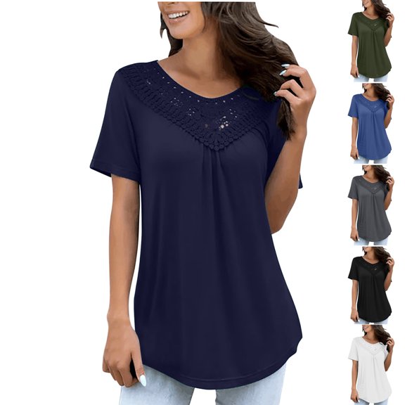 Wlynlyn Plus Size Tops for Women Short Sleeve Shirts Lace V Neck Dressy Casual Blouses Pleated Tunic or Tops