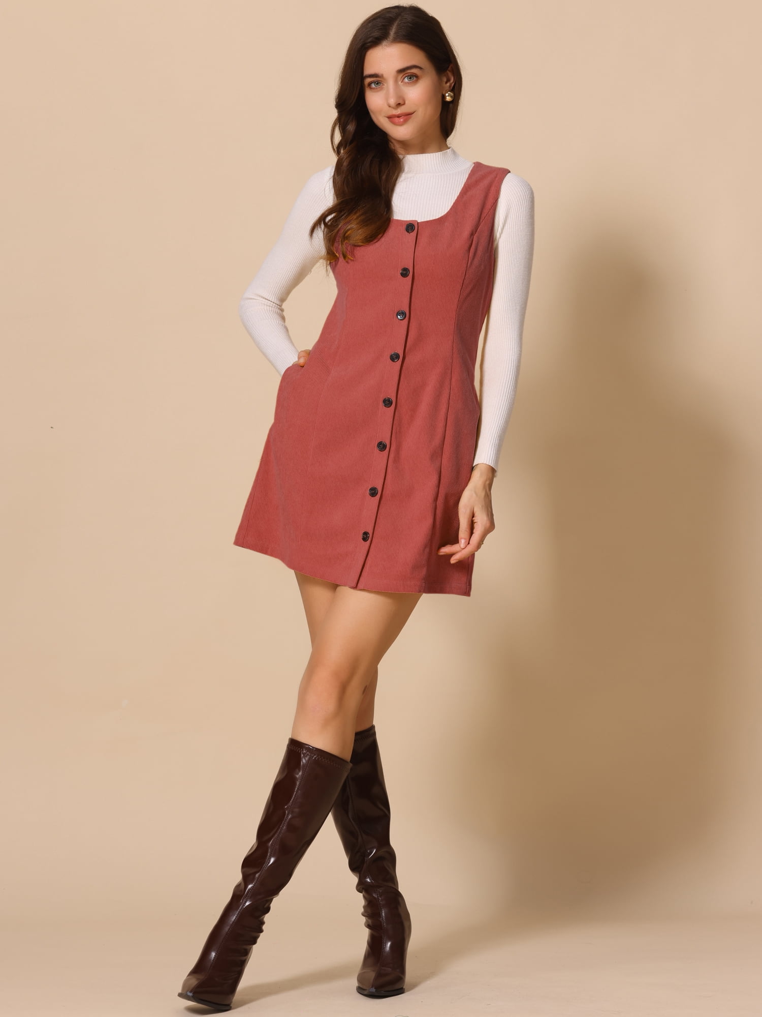 DARING DIVA Women's Stylish Corduroy Overall Scoop Neck Sleeveless Dress XL Dark Orange