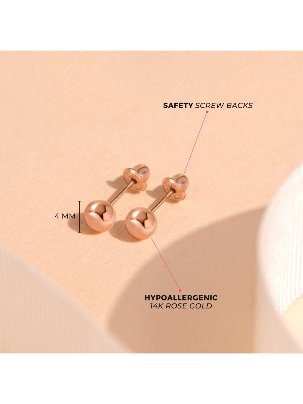 14k Rose Gold 4mm Plain Ball Earrings with Safety Screw Backs for Little Girls