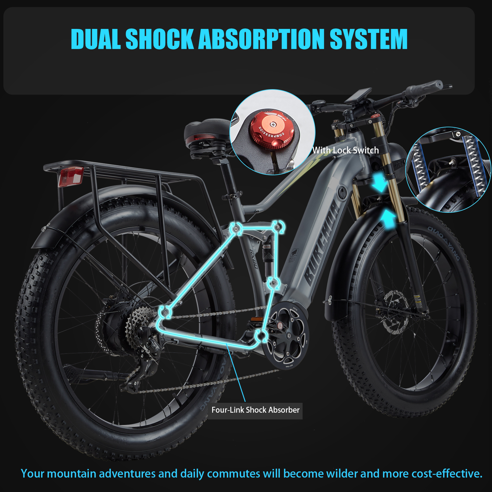 BIGUODIR Electric Bike Adults 1000W, 80Miles & 48V 20Ah Battery, 26" Fat Tire Full Suspension Ebike, 30MPH Long Range Off Road Mountain E Bike, 7 Speed Gears, Dual Hydraulic Disc Brakes