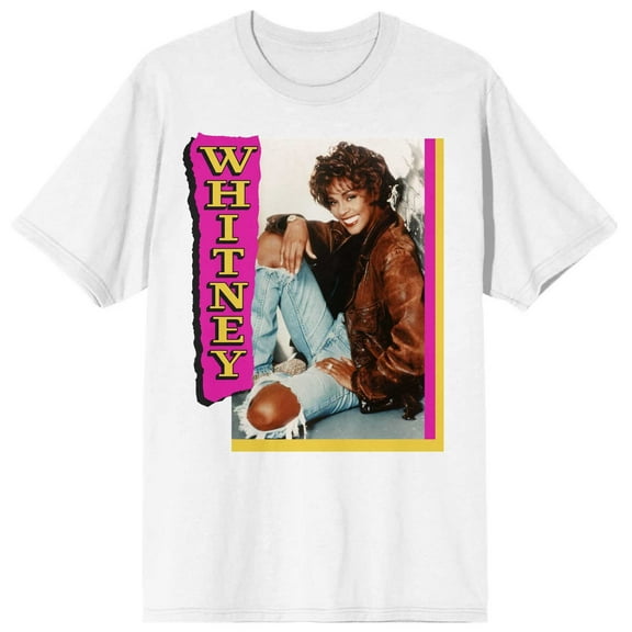 Mens Whitney Houston 90s Photo Screen Print White Graphic Tee Shirt-Medium