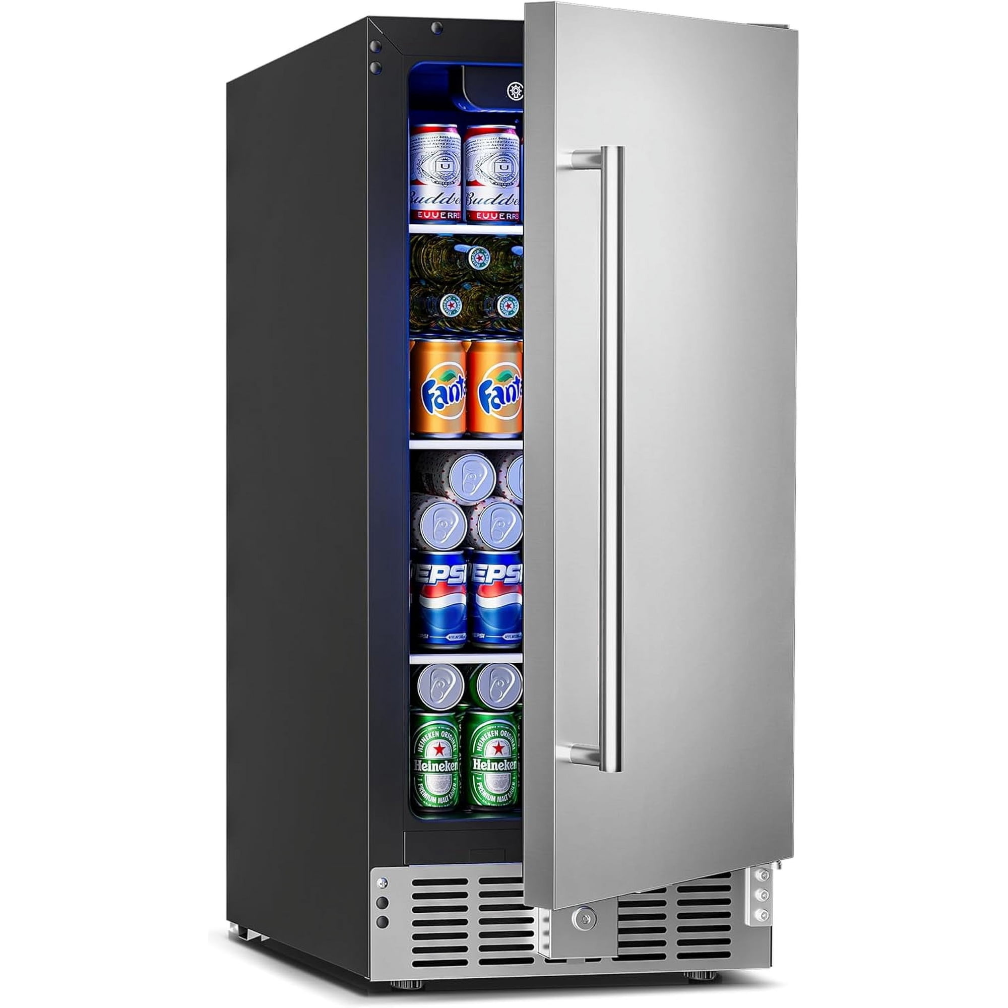 15 Inch Undercounter Beverage Refrigerator,3 Cu.ft / 126 Cans Beverage Fridge with Stainless Steel Door for Beer Wine Soda -Built-in or Freestanding Wine Cooler for Home Kitchen Bar,32-50°F