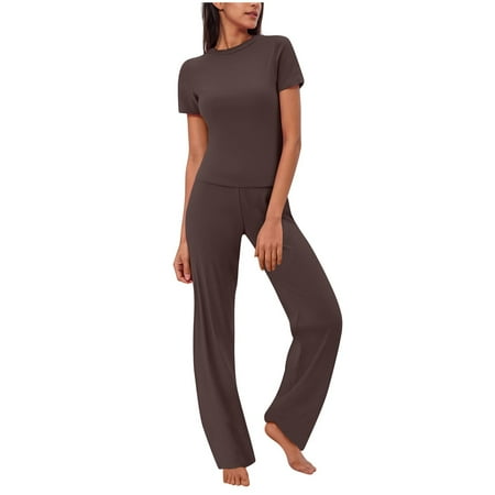 Kaemgyyd Women s 2 Piece Outfits Tracksuit Sets Casual Crew Neck Short Sleeve Slim Tops with Wide Leg Pants Lounge Sets