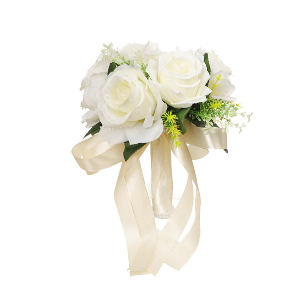 Wedding Bride Holding Bouquet Rose with Crystal Ribbon Artificial Flower Bouquet 