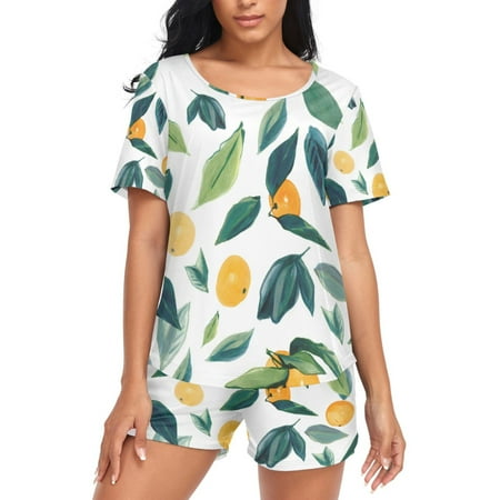 joogoo Women s Pajama Set Watercolor Orange Leaves Short Sleepwear Loungewear with Pockets XL