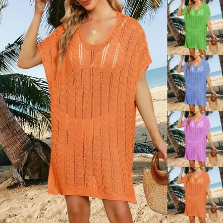 Axiiglly Swimsuit Coverup for Women Side Split Crochet Dresses Solid Color Vacation Outfits Short Sleeve Bathing Suit Cover Up Casual Summer Bikini Beach Cover Ups