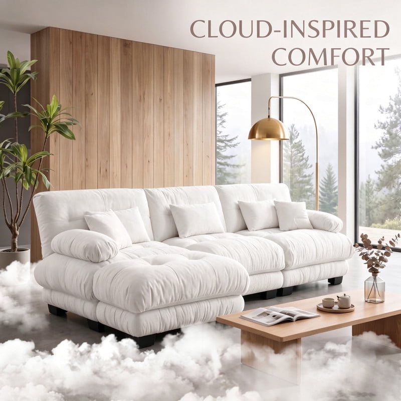 ANPPORT Cloud Couch Sleeper Sofa, Chenille White 3-Seater Modular Sofa with 1 Ottomans, 3 Lumbar pillows, 2 Pillows, Comfy Deep Seat Cloud Sofa, Convertible L-Shaped Floor Couch for Living Room