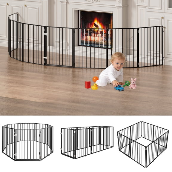 Dog Gate 190 Inch Extra-Wide Configurable Gate, Fireplace Safety Fence/Guard, Adjustable Freestanding Pet Gate, Metal Dog Playpen with Double Locking System, Includes Wall Mounts, 8 Panels