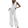 thumbnail image 2 of ICHUANYI Clearance Women's Two Piece Solid Cotton Linen Short Sleeve V Neck Open Back Tops And Pants Set(White, M) ICHUANYI WER2023080806023, 2 of 8