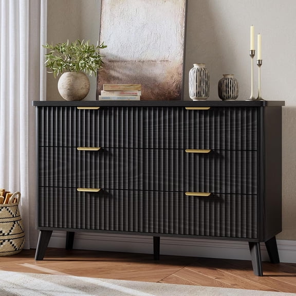 6 Drawer Fluted Dresser with Curved Front, Wood Storage Chest with Deep Drawers, Modern Bedroom Dresser, TV Stand, Anti-Tip Kit,Black