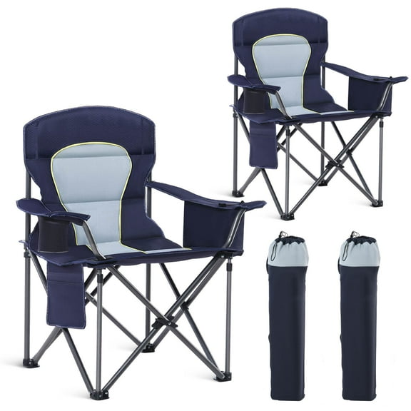 Sophia & William Heavy Duty Steel Camping Chair Outdoor Oversized Padded Lawn Chair with Cooler, 450LBS Capacity, 2 Pack, Navy