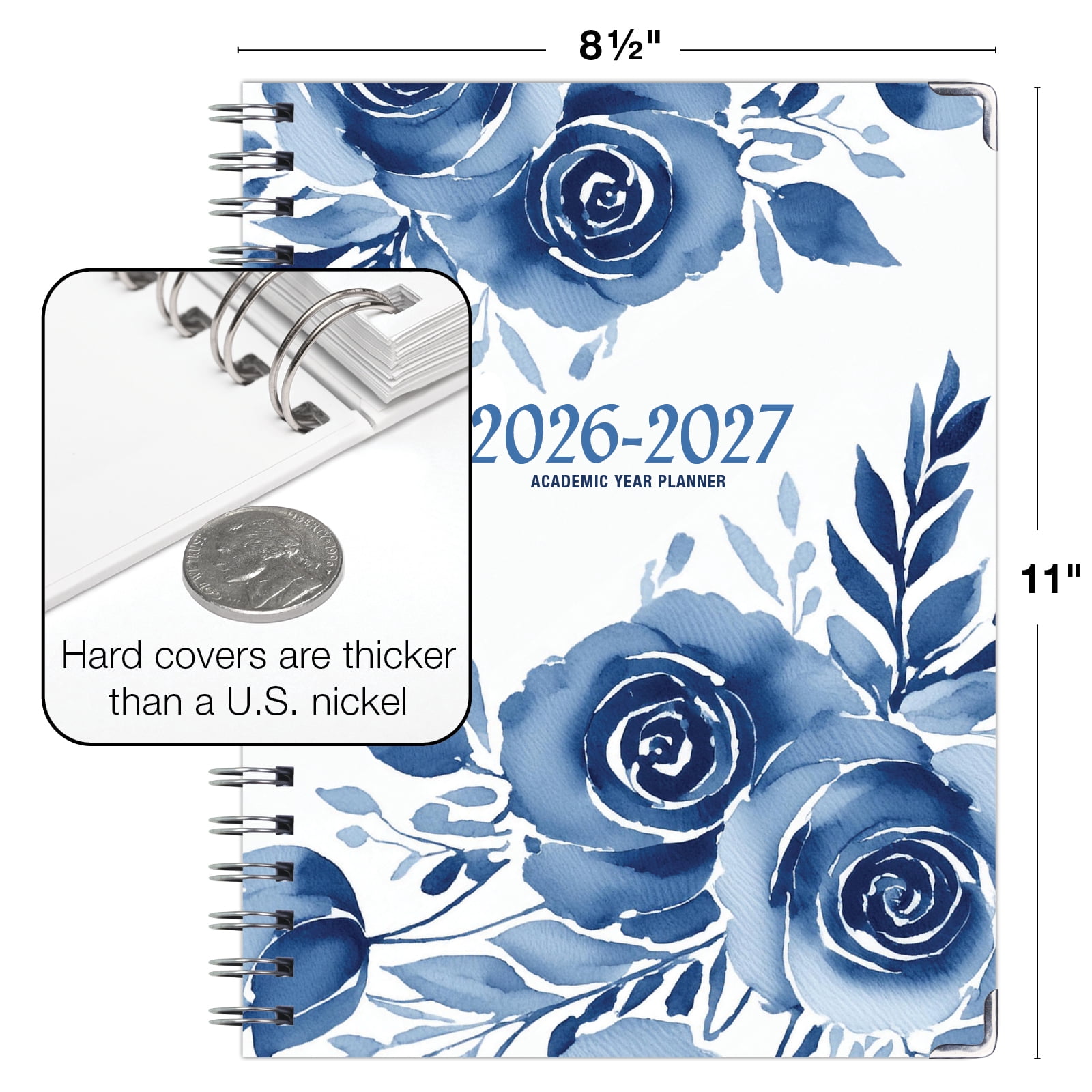 2026-2027 Excello Brands 8.5" x 11" Academic Year Hardcover Fashion Planner, Weekly/Monthly, 14 Month, Blue Bloom
