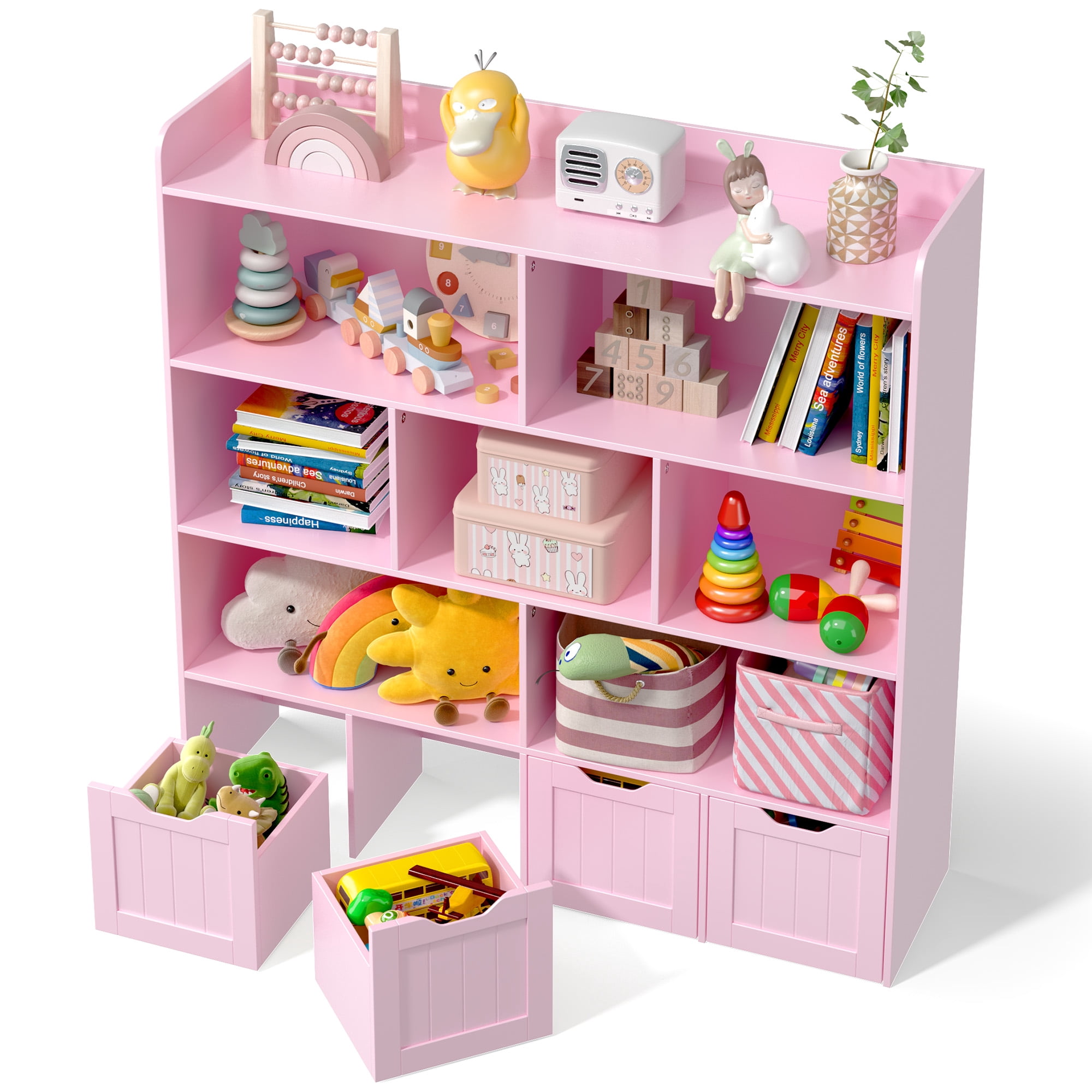 Noelse Toy Storage Cabinet and Kids Bookcase with 4 Movable Drawers and 8 Open Shelves Toy Chest Shelf Organizer with Hidden Wheels for Playroom Nursery Kids Room, Pink